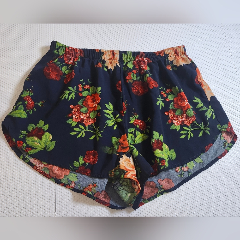 Ambiance Apparel Navy Floral Shorts with Red & Green Blooms